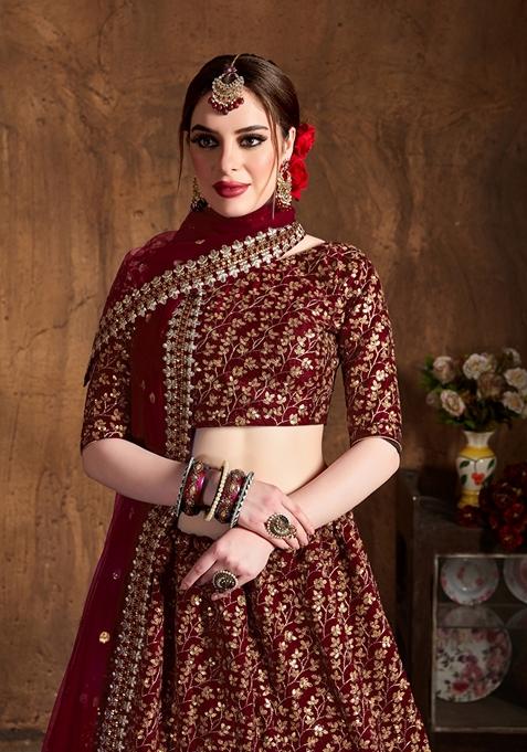 Maroon Embroidered Raw Silk Lehenga Set