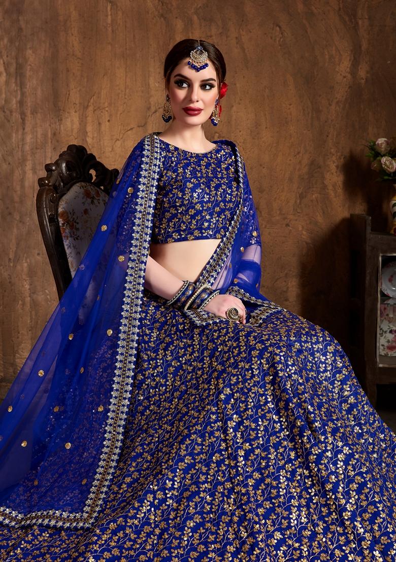 Royal Blue Embroidered Raw Silk Lehenga Set