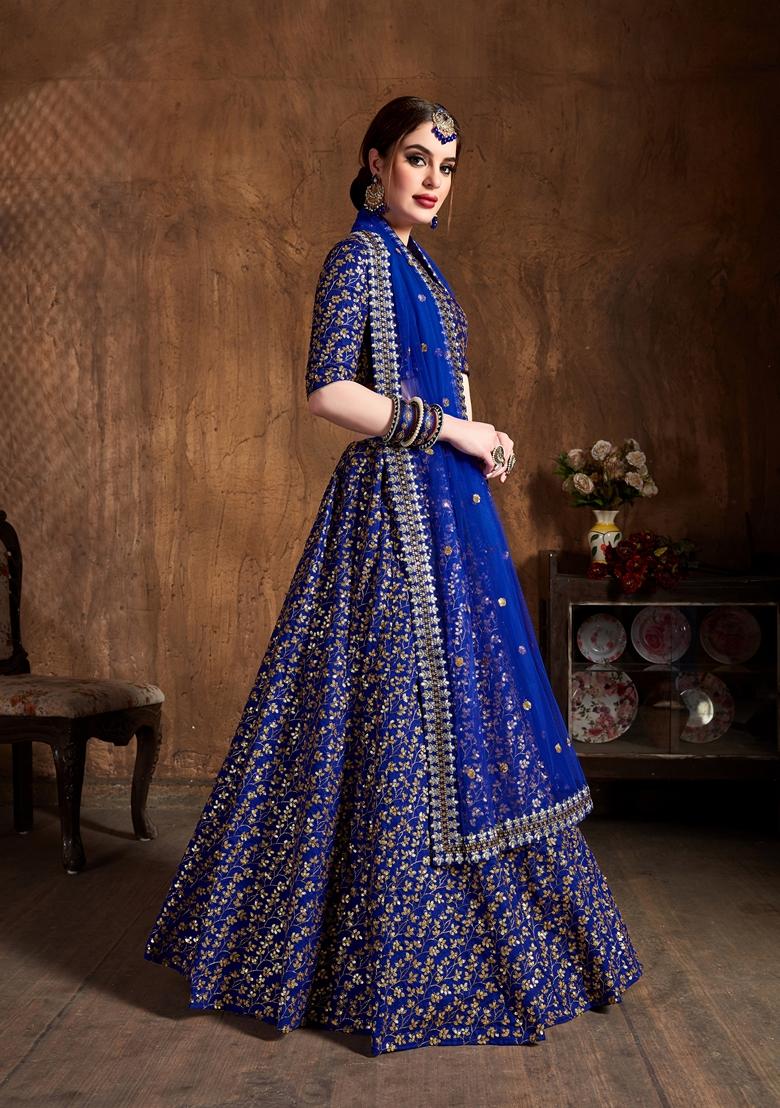 Royal Blue Embroidered Raw Silk Lehenga Set