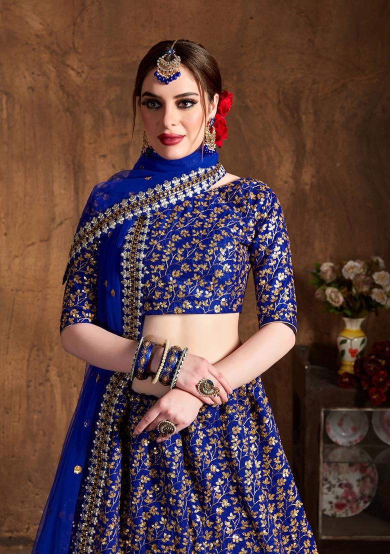 Royal Blue Embroidered Raw Silk Lehenga Set