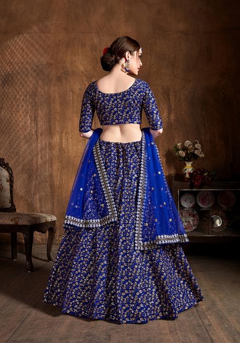 Royal Blue Embroidered Raw Silk Lehenga Set