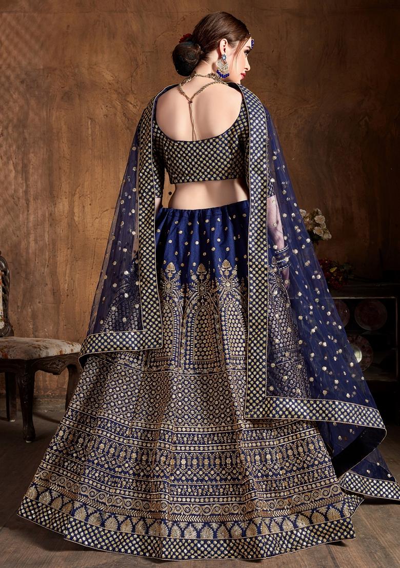 Navy Blue Embroidered Raw Silk Lehenga Set