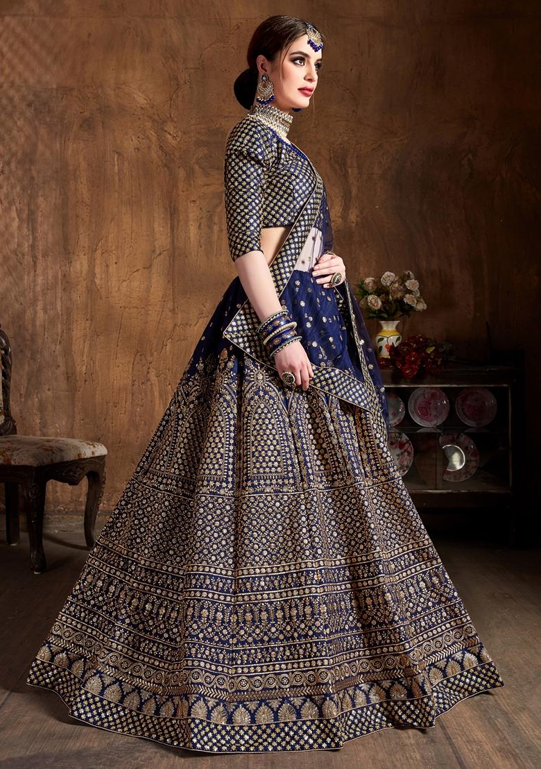 Navy Blue Embroidered Raw Silk Lehenga Set