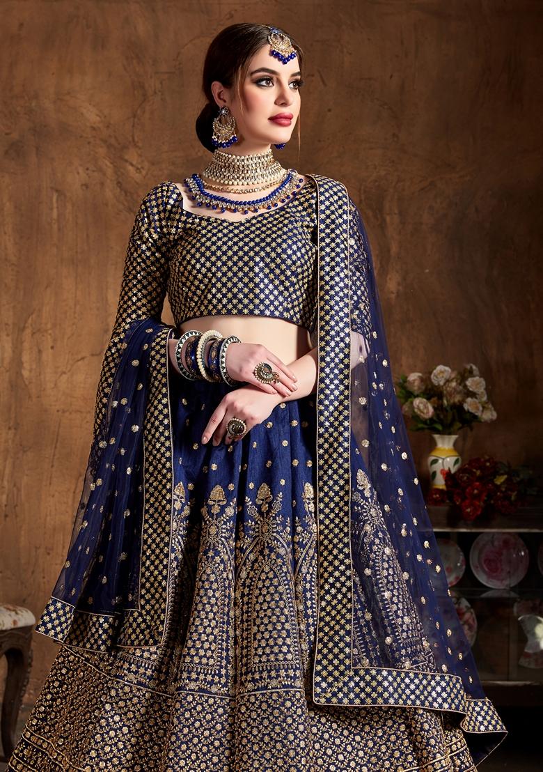 Navy Blue Embroidered Raw Silk Lehenga Set