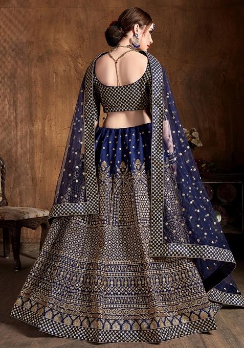 Navy Blue Embroidered Raw Silk Lehenga Set