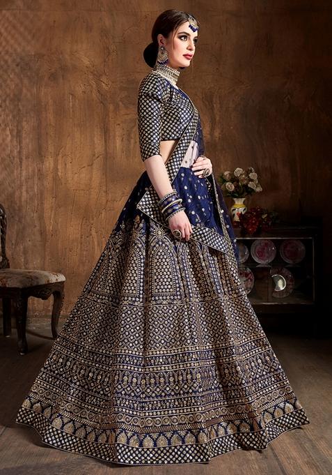 Navy Blue Embroidered Raw Silk Lehenga Set