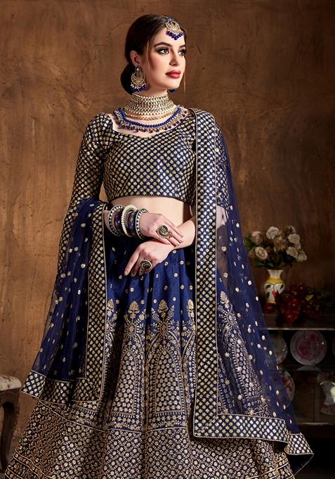 Navy Blue Embroidered Raw Silk Lehenga Set