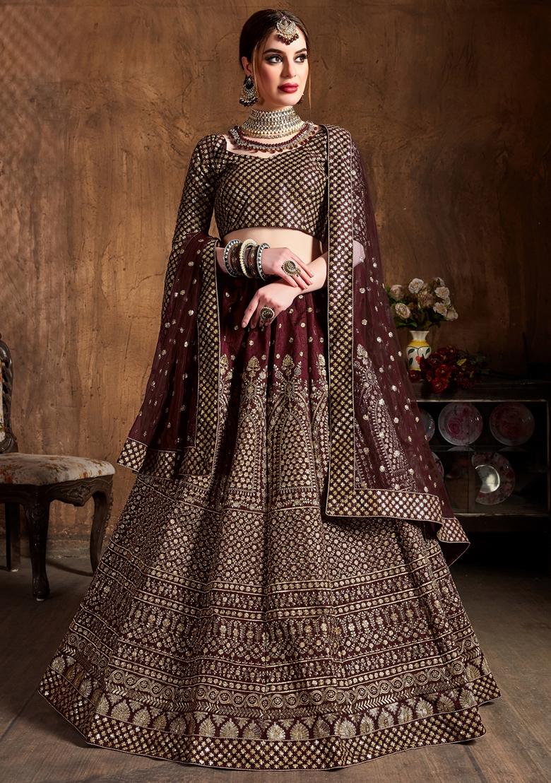 Maroon Embroidered Raw Silk Lehenga Set