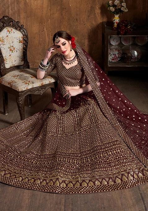 Maroon Embroidered Raw Silk Lehenga Set
