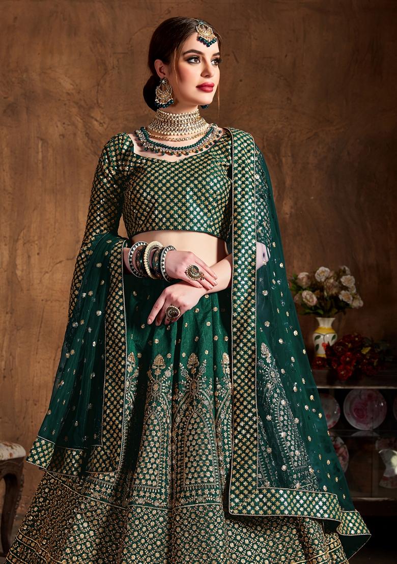 Green Embroidered Raw Silk Lehenga Set