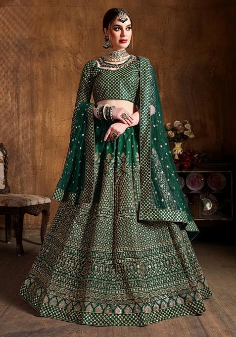 Green Embroidered Raw Silk Lehenga Set
