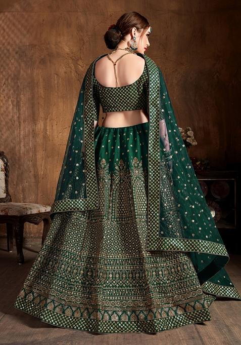 Green Embroidered Raw Silk Lehenga Set