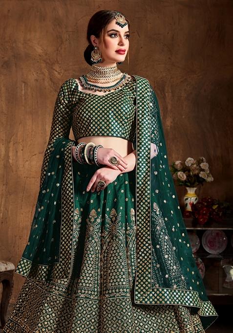 Green Embroidered Raw Silk Lehenga Set