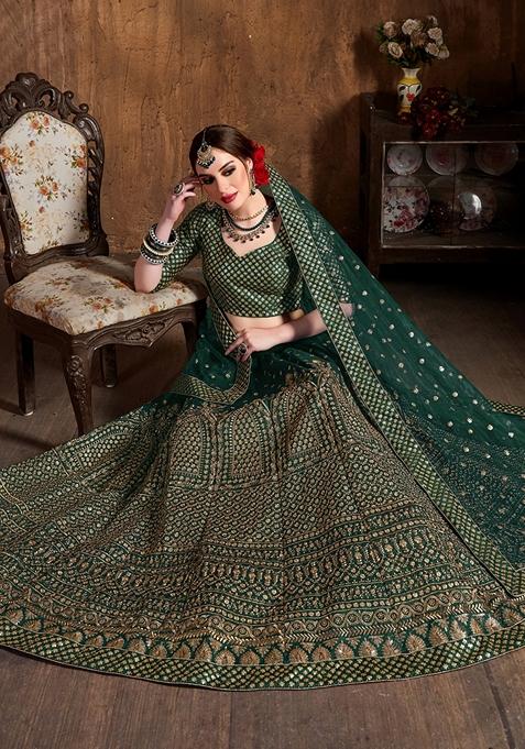 Green Embroidered Raw Silk Lehenga Set