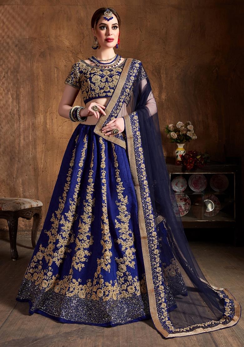 Navy Blue Embroidered Raw Silk Lehenga Set