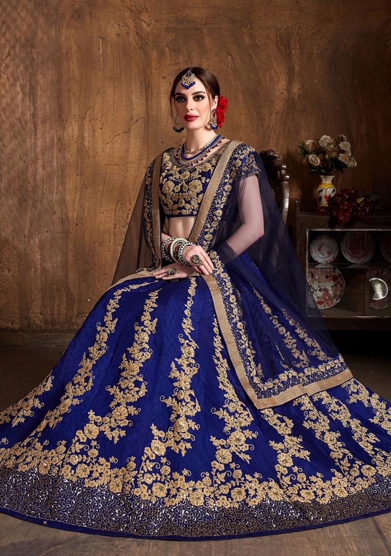 Navy Blue Embroidered Raw Silk Lehenga Set