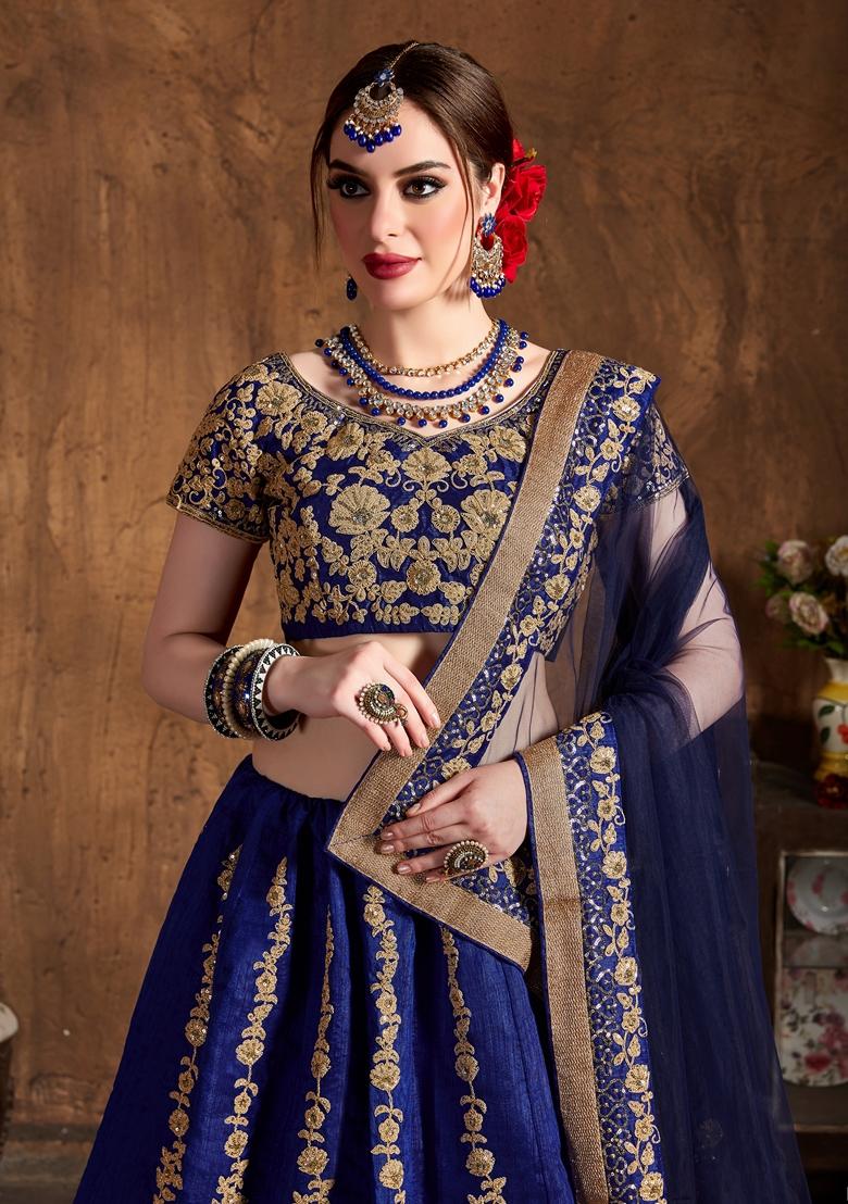 Navy Blue Embroidered Raw Silk Lehenga Set