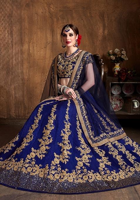 Navy Blue Embroidered Raw Silk Lehenga Set