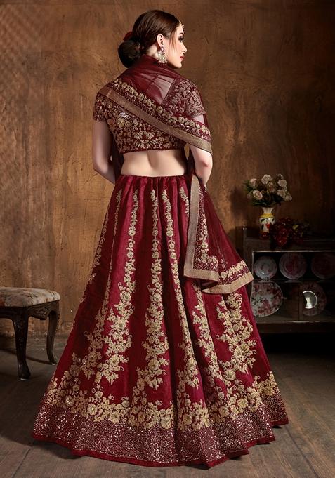 Maroon Embroidered Raw Silk Lehenga Set