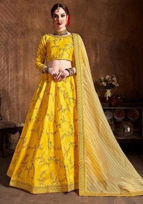 Yellow Embroidered Mulberry Silk Lehenga Set