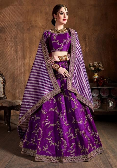 Purple Embroidered Mulberry Silk Lehenga Set