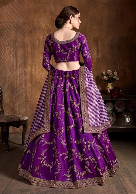 Purple Embroidered Mulberry Silk Lehenga Set