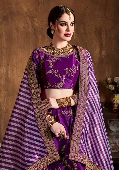 Purple Embroidered Mulberry Silk Lehenga Set