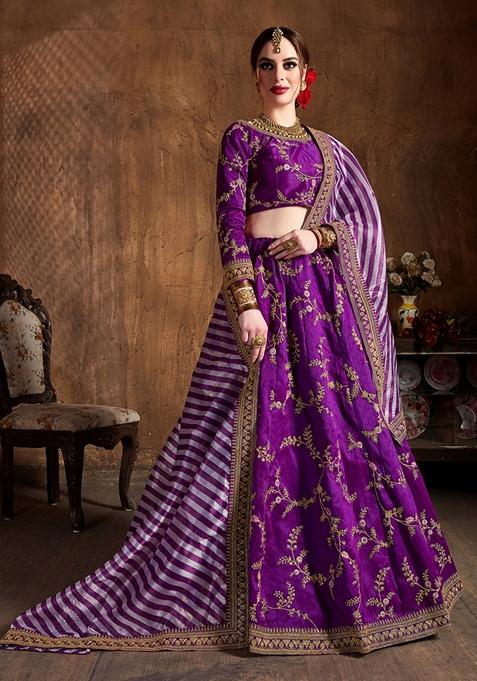 Purple Embroidered Mulberry Silk Lehenga Set
