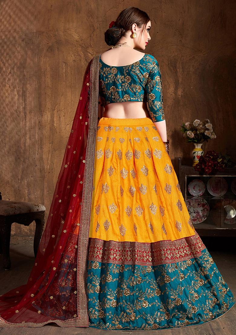 Yellow Embroidered Banarasi Silk Lehenga Set