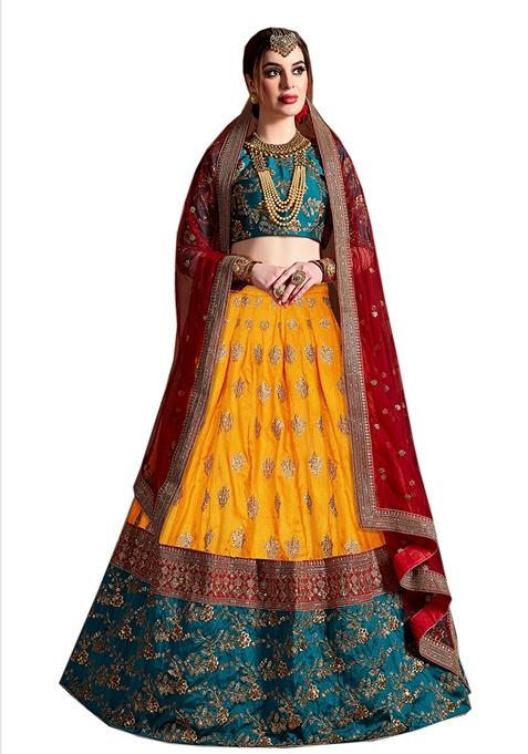 Yellow Embroidered Banarasi Silk Lehenga Set