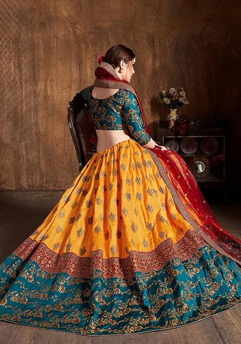 Yellow Embroidered Banarasi Silk Lehenga Set