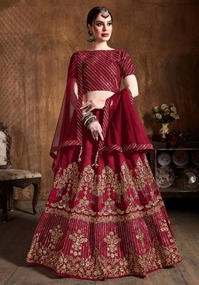 Red Embroidered Art Silk Lehenga Set