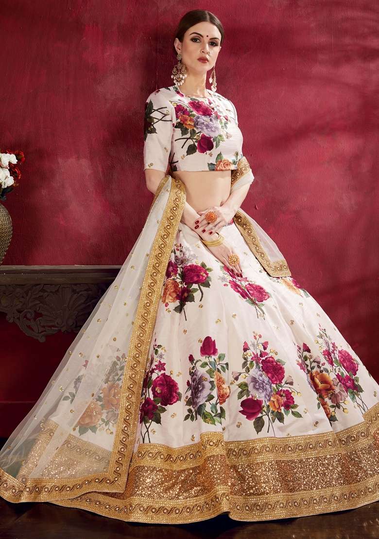 Off White Embroidered Art Silk Blend Lehenga Set for Diwali and Festive Wear - Indya