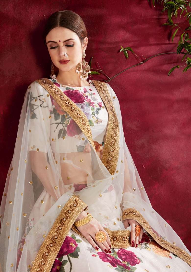 Off White Embroidered Art Silk Blend Lehenga Set for Diwali and Festive Wear - Indya