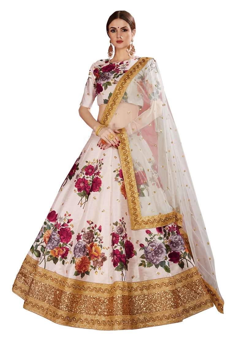 Off White Embroidered Art Silk Blend Lehenga Set for Diwali and Festive Wear - Indya