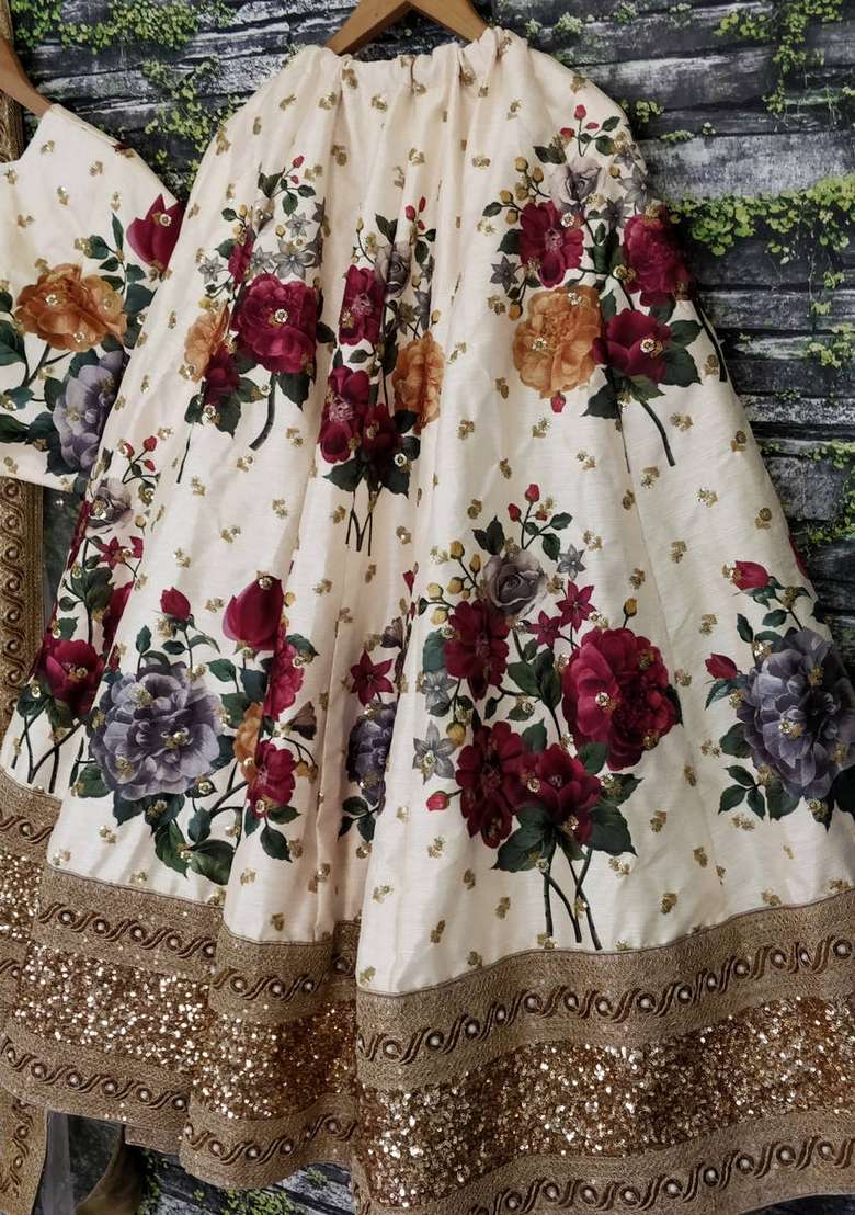 Off White Embroidered Art Silk Blend Lehenga Set for Diwali and Festive Wear - Indya