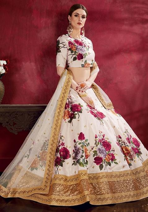 Off White Embroidered Art Silk Lehenga Set