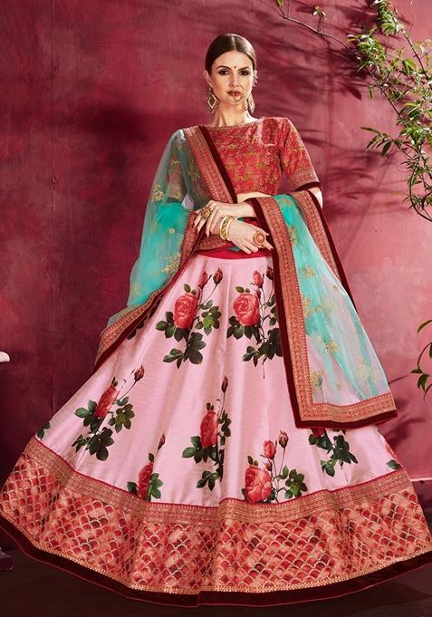 Pink Embroidered Art Silk Lehenga Set