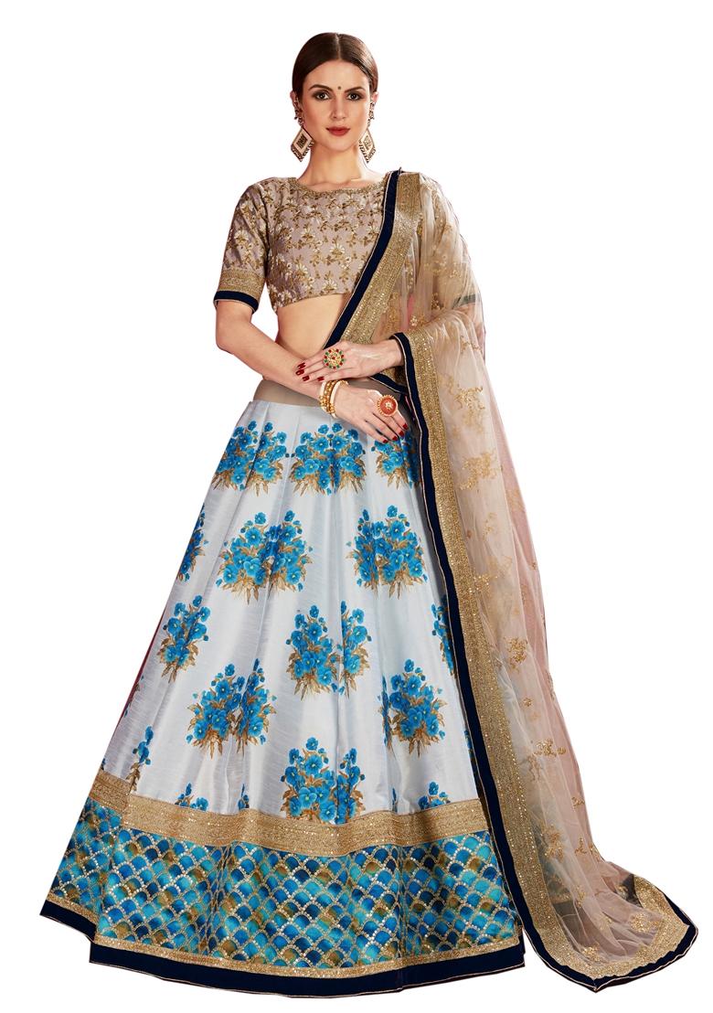 Blue Embroidered Art Silk Lehenga Set