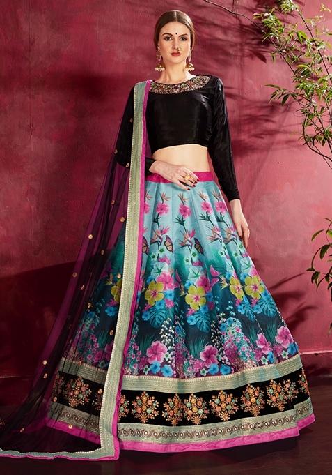 Multicolor Embroidered Art Silk Lehenga Set