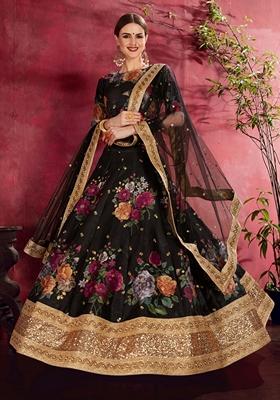 Black Embroidered Art Silk Lehenga Set
