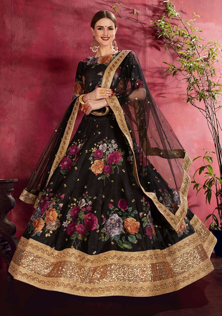 Black Blend Art Silk Lehenga Set with Embroidered for Diwali | Wedding & Festive Wear - Indya