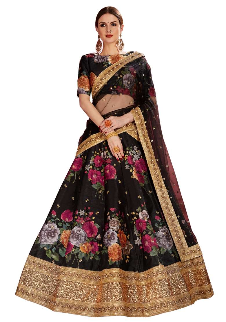 Black Blend Art Silk Lehenga Set with Embroidered for Diwali | Wedding & Festive Wear - Indya