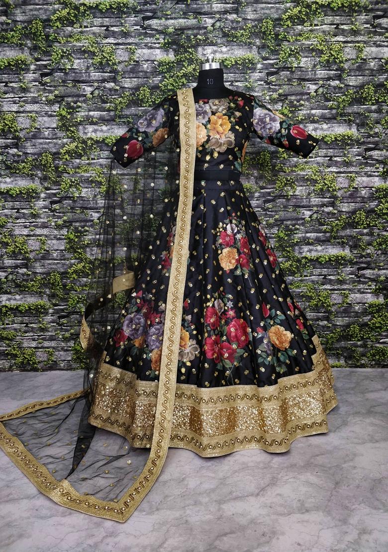 Black Embroidered Art Silk Lehenga Set