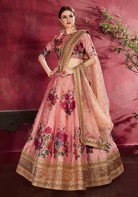 Peach Embroidered Art Silk Lehenga Set