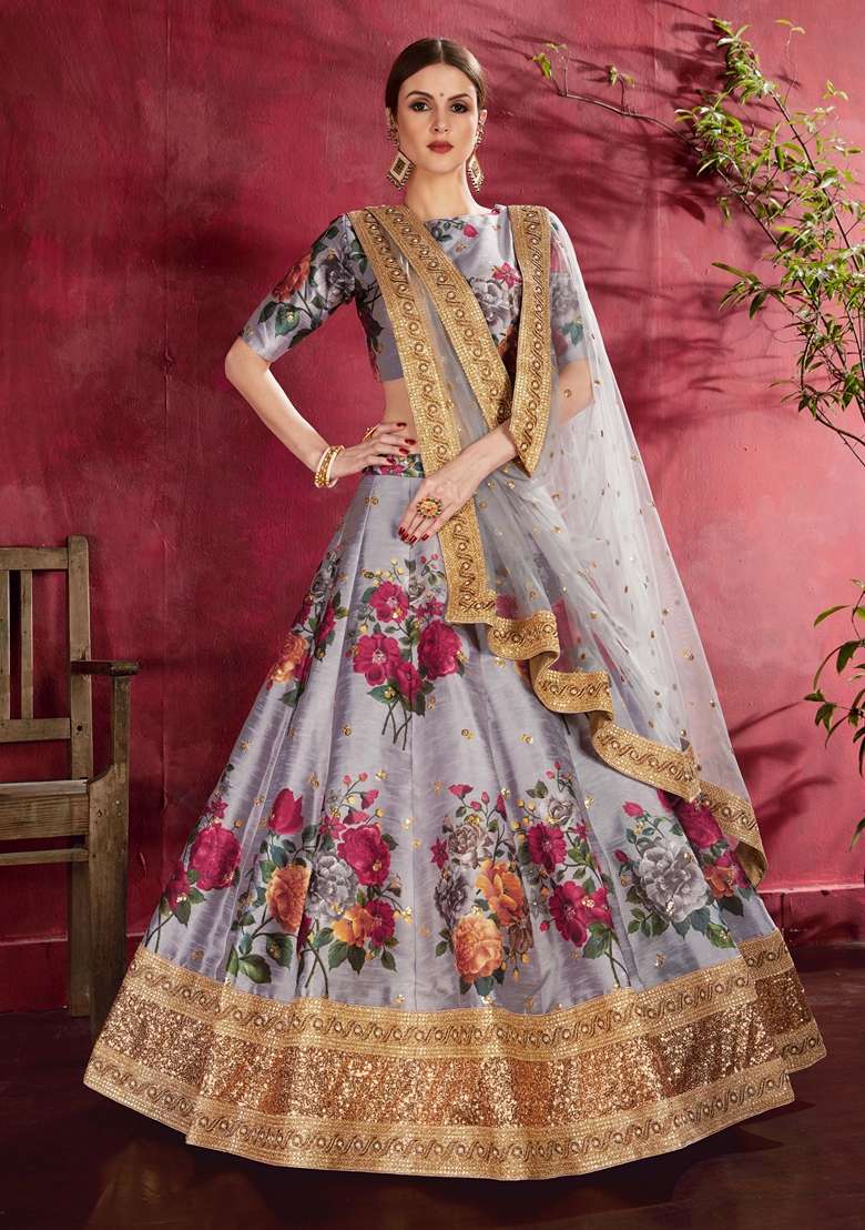 Grey Embroidered Art Silk Blend Lehenga Set for Diwali and Festive Wear - Indya