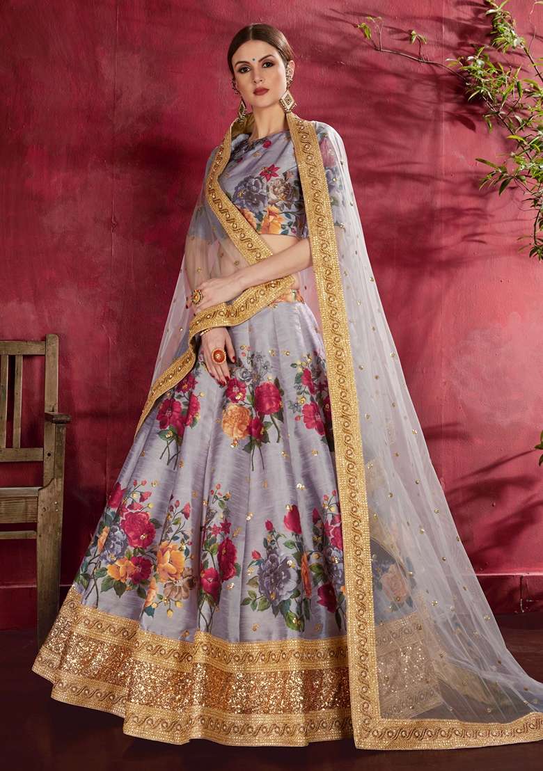 Grey Embroidered Art Silk Blend Lehenga Set for Diwali and Festive Wear - Indya