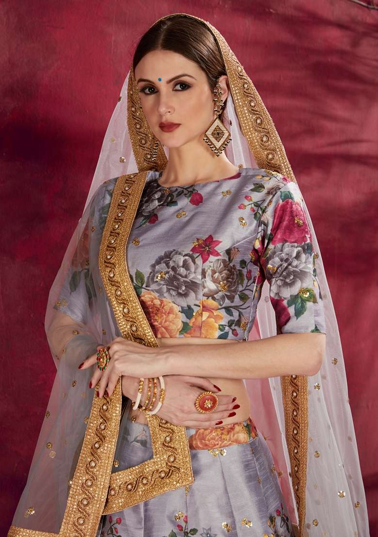 Grey Embroidered Art Silk Blend Lehenga Set for Diwali and Festive Wear - Indya