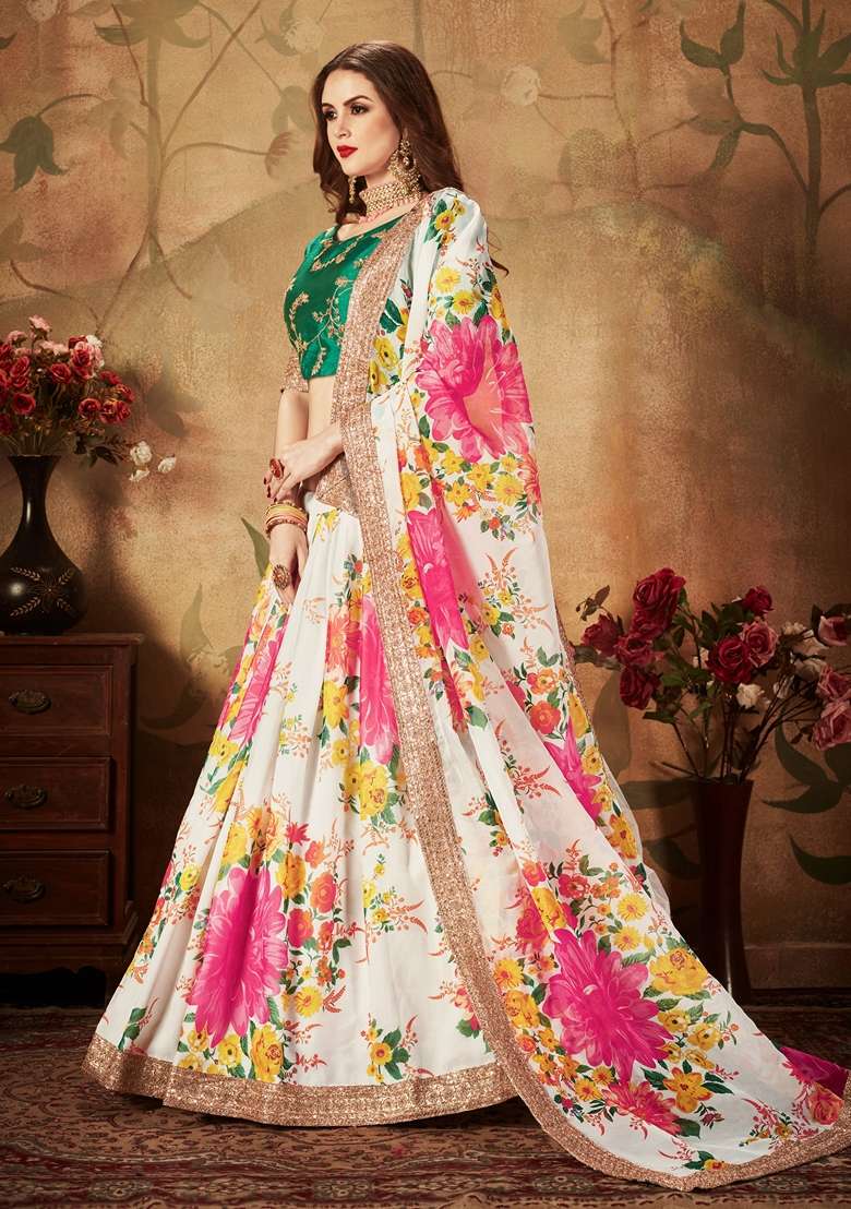 Off White Embroidered Organza Lehenga Set for Diwali and Festive Wear - Indya