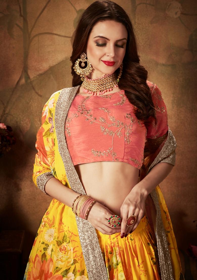 Yellow Embroidered Organza Lehenga Set